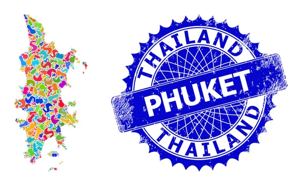 Mapa de Phuket padrão de respingo e selo de selo riscado —  Vetores de Stock