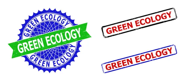 GREEN ECOLOGY Rosetta e Rettangolo Distintivi Bicolore con Stili di Distress — Vettoriale Stock