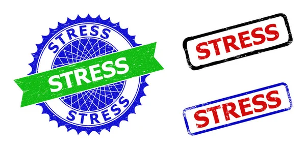 STRESS Rosette e retângulo bicolor selos com estilos riscados — Vetor de Stock
