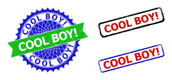 COOL BOY Exclamation. Rosette and Rectangle Bicolor Stamp Seals with Unclean Surfaces — Stock Vector