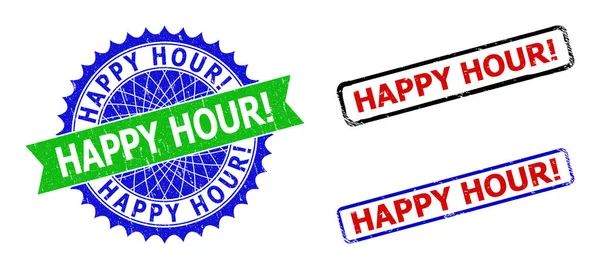 HAPPY HOUR Exclamation. Rosette and Rectangle Bicolor Seals with Unclean Styles — Stock Vector