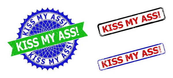 KISS MY ASS Exclamation. Rosette and Rectangle Bicolor Badges with Corroded Styles — Stock Vector