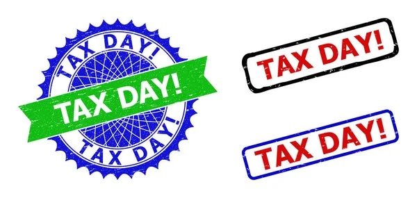 Восклицание "День налогообложения". Розетка и прямоугольные двухцветные марки с гранж-стайлами — стоковый вектор