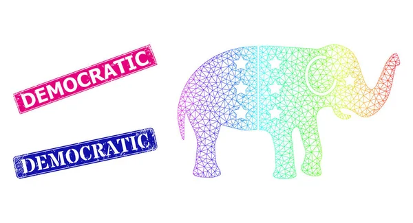 Distress Democratic Badges and Spectrum Mesh Gradient American Democratic Elephant — Stock Vector
