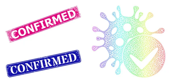 Bevestigde rubberzegels en regenboogmaasgradiënt Bevestigd coronavirus — Stockvector