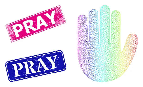 Texturált imádkozó bélyegek és szivárvány hálózat Gradient Hand Palm — Stock Vector