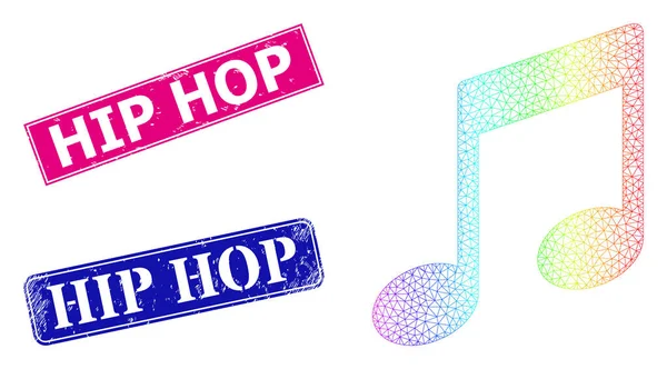 Distintivi Hip Hop graffiati e note musicali con gradiente di rete spettrale — Vettoriale Stock