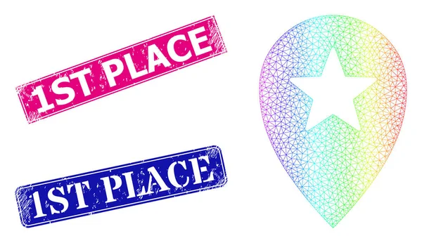 Grunge 1St Place Badges y Rainbow Net Gradient Star Place Marker — Vector de stock