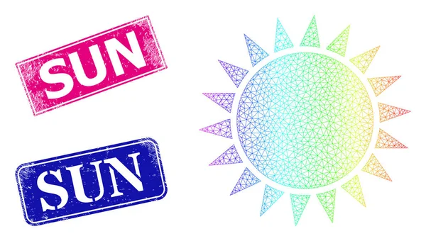 Grunge Sun Badges and Rainbow Mesh Gradient Sun — Stock Vector
