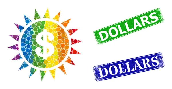Selos de selo de dólares de grunge e colagem de brilho de dólar pontilhado de gradiente de arco-íris —  Vetores de Stock