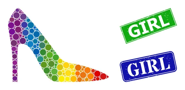 Gummimädchen-Dichtungen und Regenbogenverlauf Gepunktete High Heel Lady Shoe Mosaik — Stockvektor