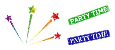 Grunge Parti Zamanı Mührü ve Hayalet Renkli Noktalı Selamlama Yıldızları Mozaiği