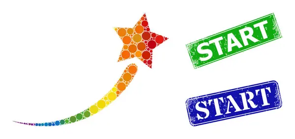 Texturierte Startplaketten und Rainbow Gradient Dotted Success Start Star Collage — Stockvektor