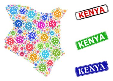 Grunge Kenya Harita Damgaları ve Parlak Viral Kenya Harita Kompozisyonu
