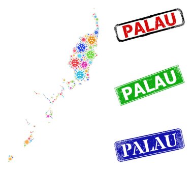 Çizilmiş Palau Harita Mühürleri ve Çok Renkli Covid Palau Haritası Mozaiği