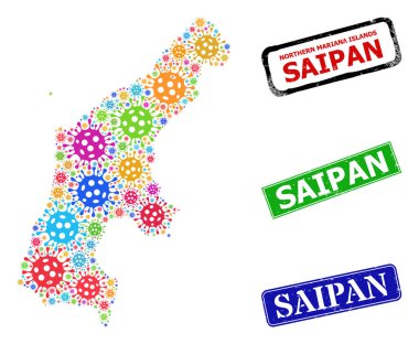 Plastik Saipan Mührü ve Renkli Bakteri Saipan Adası Haritası Mozaiği