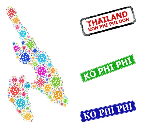 Rubber Ko Phi Stamp Seals and Colored Covid Koh Phi Don Map Composition — стоковий вектор