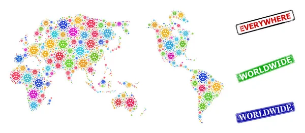 Sigilli francobolli di soccorso in tutto il mondo e Covid-2019 Composizione mappa in tutto il mondo — Vettoriale Stock