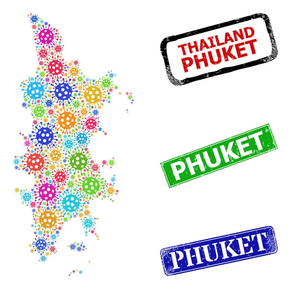 Grunge Phuket Seals e Multi-Colored Coronavirus Phuket Map Collage —  Vetores de Stock