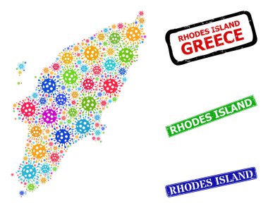 Grunge Rhodes Adası Rozetleri ve Renkli Bacilla Rhodes Adası Mozaiği