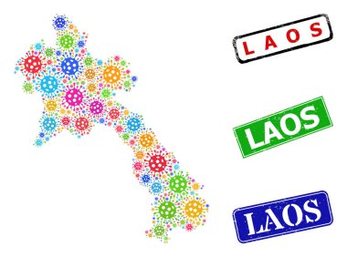 Grunge Laos Mühürleri ve Renkli Virüs Laos Haritası Mozaiği
