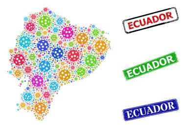 Grunge Ekvador Damgaları ve Parlak Viral Ekvador Haritası Kolajı