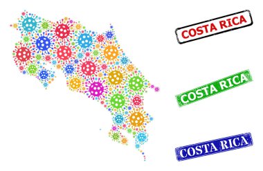 Plastik Kosta Rika Damgaları ve Parlak Bakteri Kosta Rika Harita Kolajı