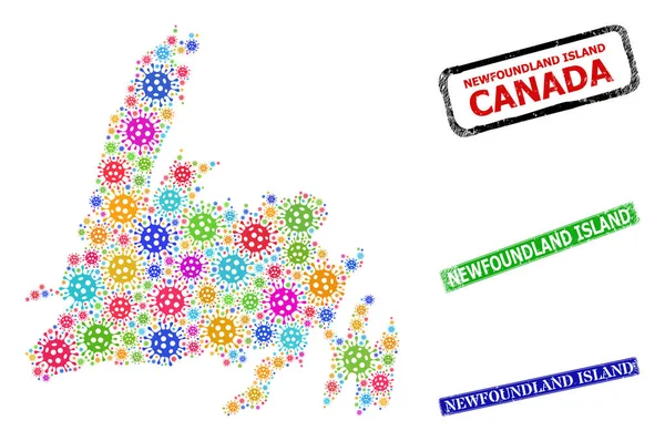 Texturierte neufundländische Stempelsiegel und farbige Coronavirus-Neufundland-Inselkarte Mosaik — Stockvektor