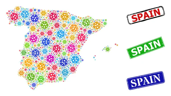 Seenot Spanien Abzeichen und Helle Virus Spanien Kartenzusammensetzung — Stockvektor