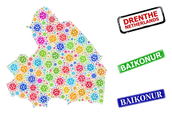 Scratched Baikonur Stamp Seals and Colored Virus Drenthe Province Map Collage — стоковий вектор