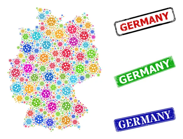 Grunge Germany Badges und buntes Bakterium Deutschland Kartenmosaik — Stockvektor