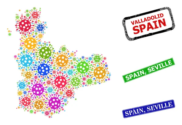 Scratched Spain, Seville Badges and Colored Bacilla Valladolid Province Map Collage — Stock Vector