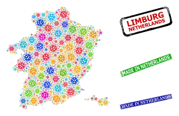Borracha feita em selos holandeses e vírus colorido Limburg Province Map Collage —  Vetores de Stock