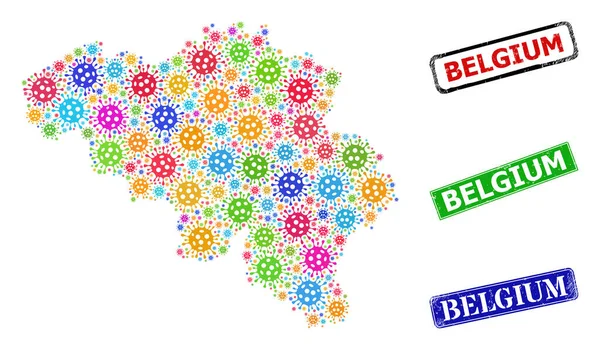 Rubber België Postzegels en Multi-Colored Viral België Kaart Collage — Stockvector
