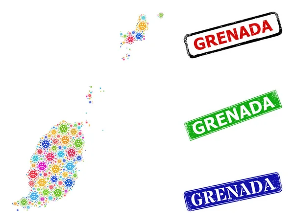 Grunge Grenada Seals and Colorful Bacilla Grenada Map Collage — стоковий вектор