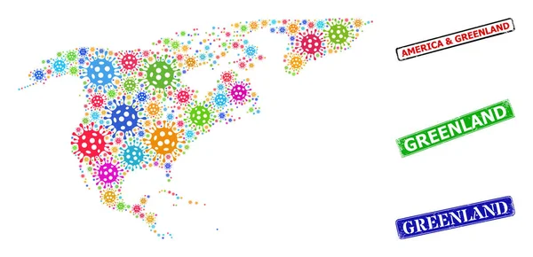 Timbri di soccorso Groenlandia e colorato virale Nord America e Groenlandia Mappa Mosaico — Vettoriale Stock
