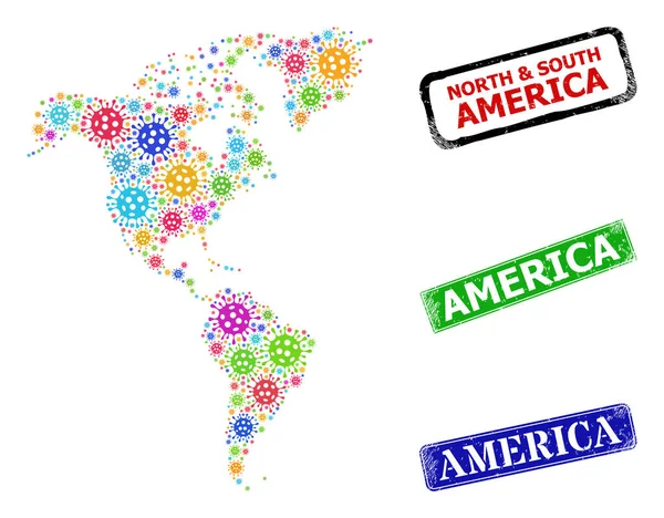 Guarnizioni America graffiata e multi-colorata Covid-2019 Sud e Nord America Mappa Composizione — Vettoriale Stock