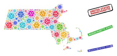 Massachusetts Devlet Damgaları ve Renkli Virüs Massachusetts Devlet Haritası Kolajı