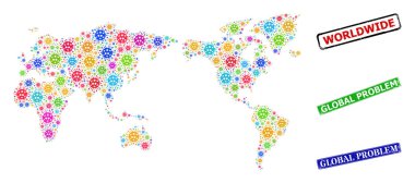 Grunge Global Problem Damgaları ve Çok Renkli Hücre Dünya Haritası Bileşimi