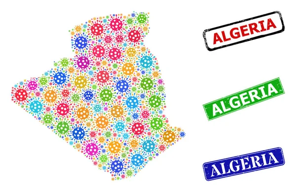 Distress Algeria Seals and Bright Bacilla Algeria Map Composition — Stock Vector