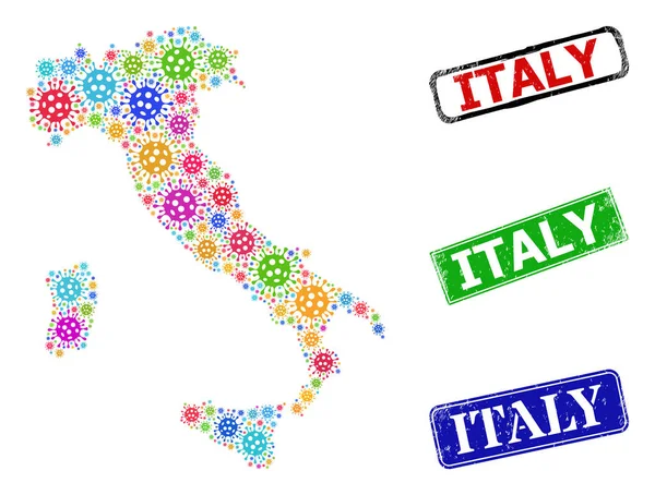 Grunge İtalya Damga Mührü ve Parlak Bulaşıcı İtalya Harita Kolajı — Stok Vektör