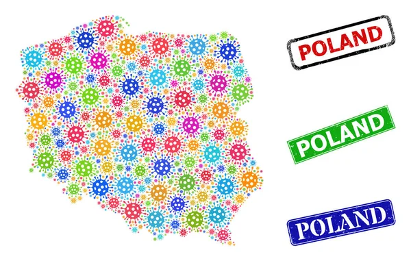 Selos de Polónia arranhados e células coloridas Polónia Mapa Mosaico —  Vetores de Stock