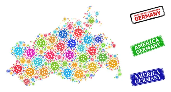 Textured America Alemania Sellos y Coronavirus multicolor Mecklemburgo-Vorpommern Mapa de la tierra Mosaico — Archivo Imágenes Vectoriales