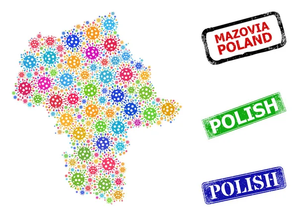 Selos poloneses riscados e mapa colorido da voivodia masoviana mosaico —  Vetores de Stock