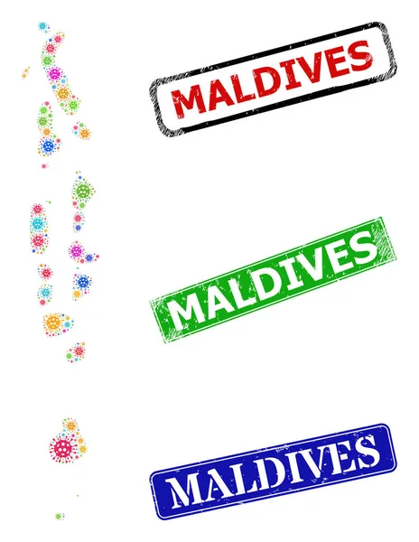 Maldives Stamp Seals and Colored Bacilla Maldives Map Composition — стоковий вектор