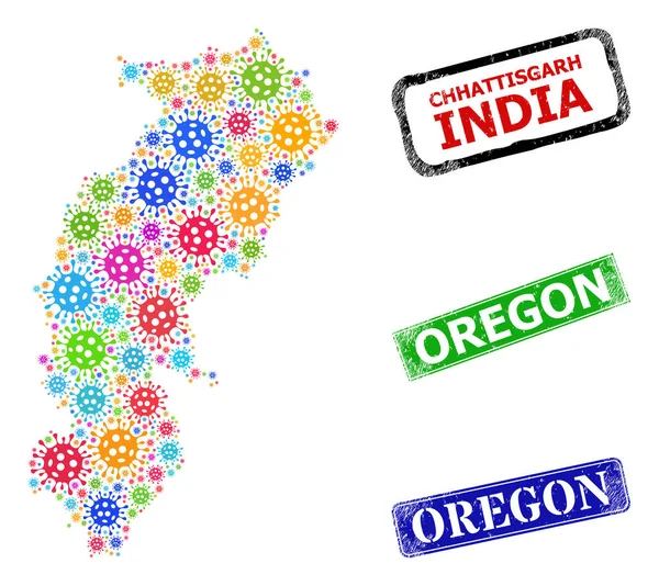 Badges en caoutchouc de l'Oregon et collage de carte d'état du virus lumineux Chhattisgarh — Image vectorielle
