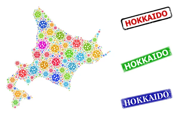 Grunge Hokkaido Mühürleri ve Çok Renkli Coronavirüs Hokkaido Haritası