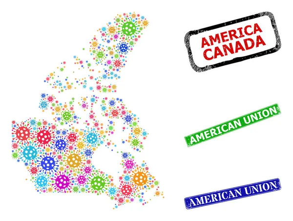 Rubber American Union Stempelsiegel und bunte ansteckende Kanada V2 Kartencollage — Stockvektor