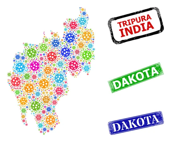 Timbres Dakota rayés et virus coloré Tripura State Map Composition — Image vectorielle
