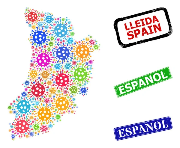 Texturé Espanol Phoques et lumineux virus Lleida Province Carte Mosaïque — Image vectorielle